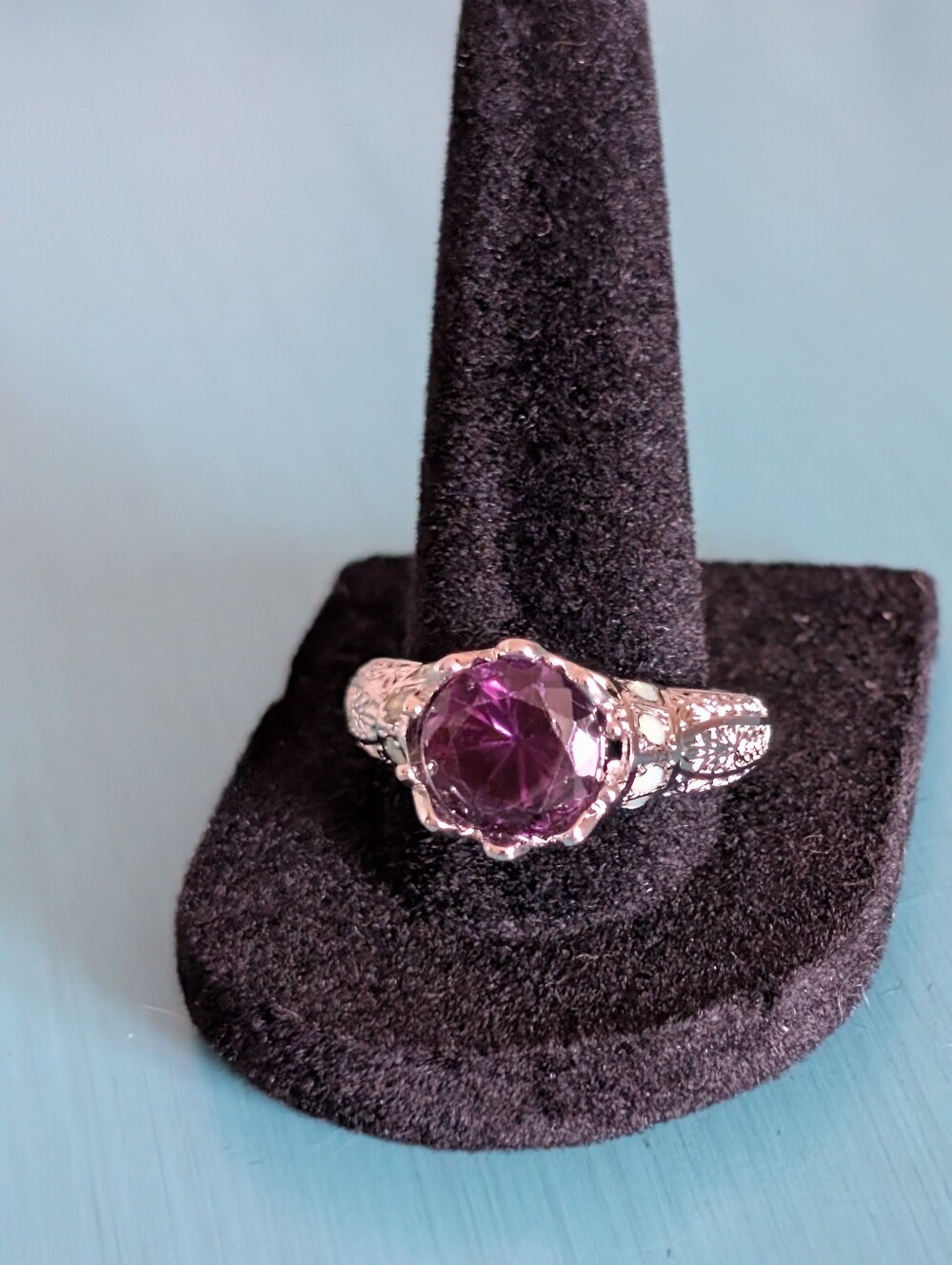 Art Deco Vintage Inspired Purple Faux Opal Statement Ring Silver Tone Filigree - Picture 4 of 13